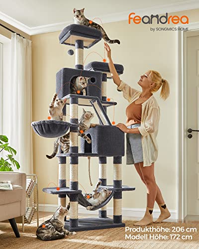 Cat Tree, 206 cm Large Cat Tower with 13 Scratching Posts, 1 Scratching Ramp, 2 Perches, 2 Caves, Basket, Hammock, Pompoms, Multi-Level Plush Cat Condo for Indoor Cats, Smoky Grey