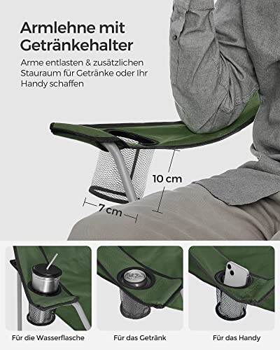 Folding Camping Chairs, Set of 2 Outdoor Chair, with Armrests, Cup Holder, Portable, 120 kg Capacity, for Camping, Garden, Fishing, Beach, Balcony, Military Green