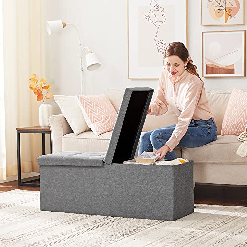 120L Folding Ottoman Bench Storage Box Storage Cube Flipping Lid Shoe Bench Footstool Load Capacity of 300 Kg Light Grey 110 x 38 x 38 cm