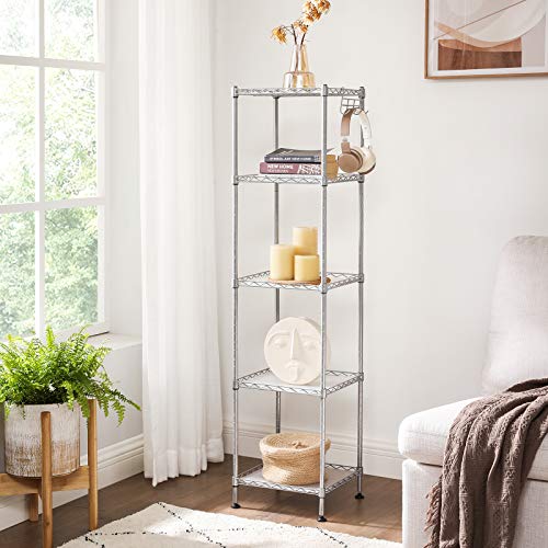 Bathroom Shelf, Metal Storage Rack, Total Load Capacity 100 kg, with 5 PP Sheets, Removable Hooks, 30 x 30 x 123.5 cm, Expandable Design, for Small Space, Silver and Translucent