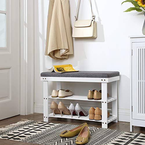 Bamboo Shoe Bench, 2-Tier Shoe Rack, Stable Shoe Organiser for Entryway, Living Room, Bench Seat Holds Up to 150 kg, 71 x 29 x 49 cm, White and Grey