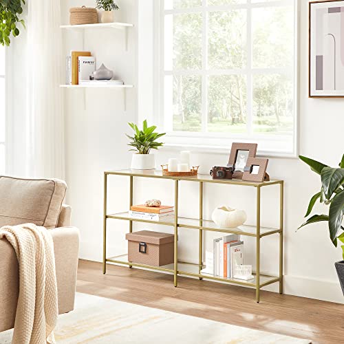 Console Table, Sofa Table with 3 Shelves, Tempered Glass Shelf, 130 x 30 x 73.3 cm, Metal Frame, Modern, for Hallway Living Room Bedroom, Gold Colour