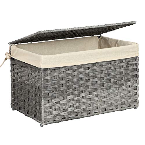 Rattan-Style Storage Box, Indoor Storage Basket, 65L Landry Hamper, Decorative Bin with Lid Liner Handles, Storage Trunk, Grey