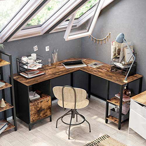 Corner Desk, L-Shaped Computer Desk, Office Desk with Cupboard and Hanging File Cabinet, 2 Shelves, Home Office, Space-Saving, Easy Assembly, Industrial Design, Rustic Brown and Black