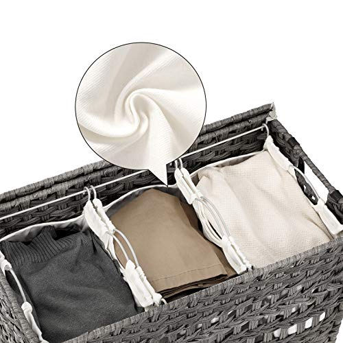 Handwoven Laundry Basket with Lid, Rattan-Style Laundry Hamper with 3 Separate Compartments, Handles, Removable Liner Bags, for Living Room, Bathroom, Laundry Room, Grey