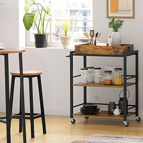 Kitchen Trolley with Removable Tray, Serving Cart Trolley, Universal Castors with Brakes, Leveling Feet, Steel Structure, Kitchen Shelf, 65 x 40 x 86 cm, Rustic Brown