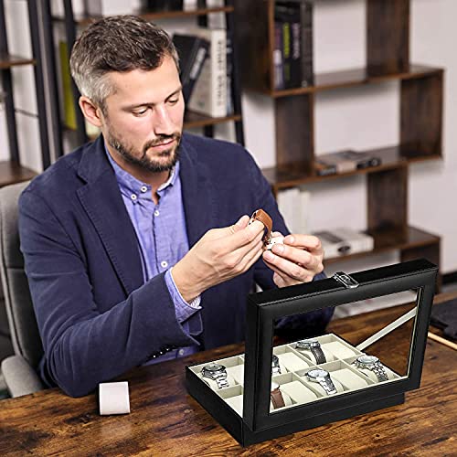 Watch Box with 12 Slots, Watch Case with Glass Lid, Watch Display Box with Removable Watch Pillows, Metal Clasp, Gift Idea, Black Synthetic Leather, Greenish Beige Lining