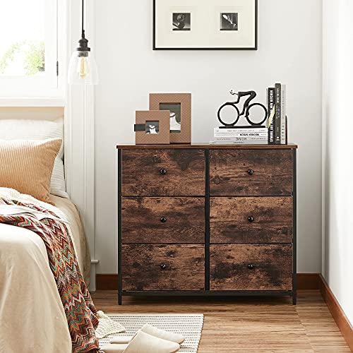 Chest of Drawers, 6 Fabric Drawers with Metal Frame, Storage Organiser Unit with Wooden Front and Top, Industrial Dresser, for Nursery, Bedroom, Hallway, Rustic Brown and Black