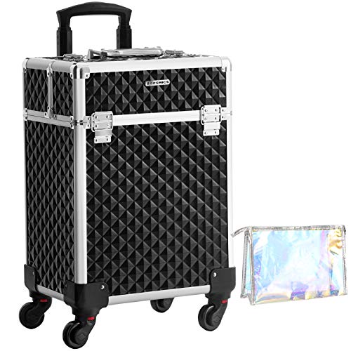 Cosmetic Case, Trolley, Makeup Case with Handle, 4 Universal Wheels, 4 Extendable Trays, Makeup Bag, for Travelling, Black