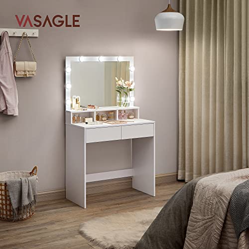 Dressing Table Vanity Table with 9 LED Bulbs and Mirror Adjustable Brightness 2 Drawers and 3 Open Compartments Drawers Modern White