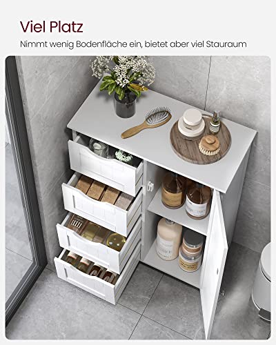 Bathroom Floor Storage Cabinet, Wooden Storage Unit with 4 Drawers, Single Door, Adjustable Shelf, for Living Room, Kitchen, Entryway, White