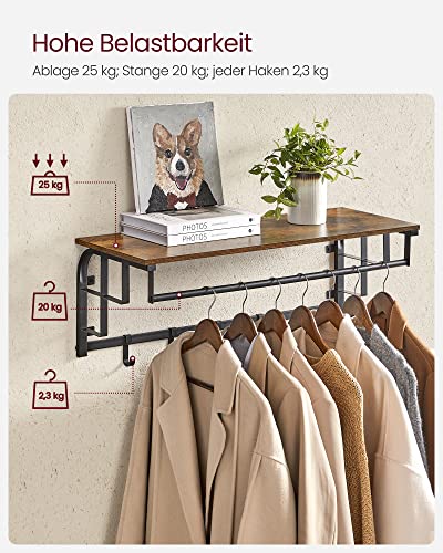 Coat Rack Wall-Mounted, Clothes Rail with 5 Removable Coat Hooks, Floating Shelf with Hanging Rail, for Hallway, Bedroom, Living Room, Rustic Brown and Black