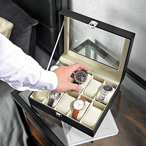 Watch Box with 10 Slots, Watch Case with Glass Lid, Watch Display Box with Removable Watch Pillows, Metal Clasp, Gift Idea, Black Synthetic Leather, Greenish Beige Lining