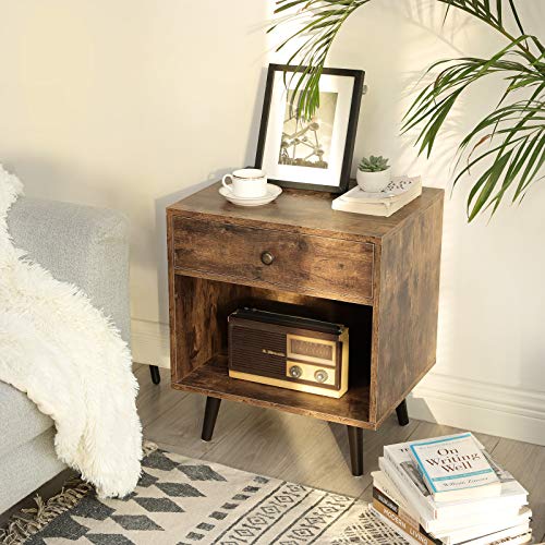 Nightstand with Drawer and Open Compartment, Small Bedside Table with Pinewood Legs, for Living Room Bedroom, 50 x 40 x 58 cm, Rustic Brown 