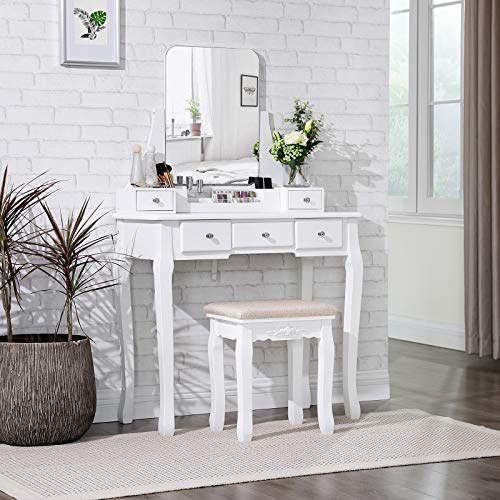 Vanity Set, Dressing Table Set with Large Frameless Mirror for Makeup, 5 Drawers and a Removable Storage Organiser, Cushioned Stool, White