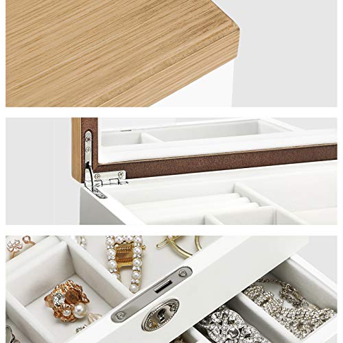 Jewellery Box, 3-Tier Jewellery Organiser with Large Mirror, 2 Drawers, Lockable, Gift for Loved Ones, for Rings, Earrings, Bracelets, Necklaces, White and Wood Grain Colour