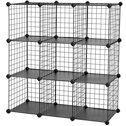 9-Cube Metal Wire Storage Rack, Interlocking Shelving Unit with Metal Wire Shelves, PP Plastic Sheets for Book Shoes Toys Clothes Tools, in Living Room, 93 x 31 x 93 cm, Black