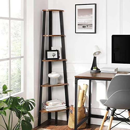 Corner Shelf, 5-Tier Industrial Ladder Bookcase, Storage Rack, with Metal Frame, for Living Room, Home, Office, Rustic Brown