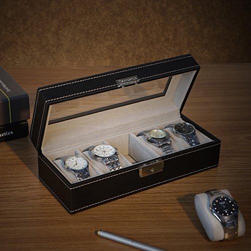 Watch Box with 5 Compartments, Glass Lid, Watch Box with Soft Velvet Lining, Display and Storage of Watches, with Lock and Keys