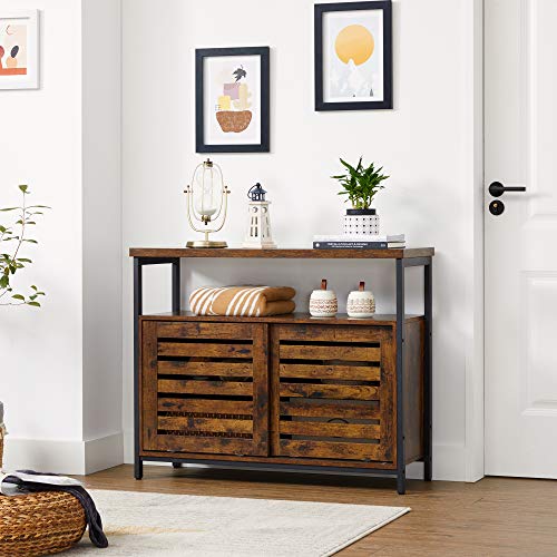 Sideboard, Floor Cabinet with Sliding Doors, Storage Cupboard, Living Room, Hall, Kitchen, Dining Room, Steel Frame, Industrial Style, Rustic Brown and Black