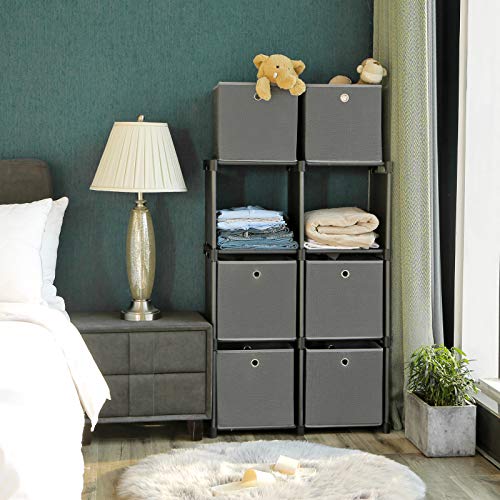 Ladder Storage Unit, 6 Cubes with 6 Storage Boxes, DIY Closet Organiser, Multifunctional with Modular Design, Sturdy Metal Frame, Includes Rubber Mallet, 105 x 30 x 105 cm, Black