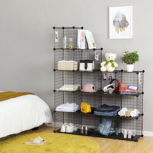 16 Cube Metal Wire Storage Organiser, DIY Closet Cabinet and Modular Shelving Grids, Wire Mesh Shelves and Rack, Black