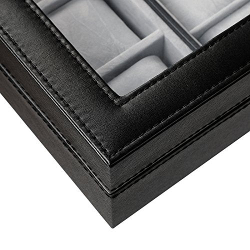 Watch Box, Watch Case, Storage Box with Large Compartments, PU Cover, Velvet Lining, Glass Window, Great Gift Choice, Black