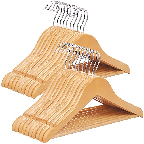 Wood Children’s Hangers, 20-Pack Kid’s Clothes Hangers, with Trousers Bar, Shoulder Notches, 360 Degree Swivel Hooks, 35 x 1.2 x 20 cm, Natural