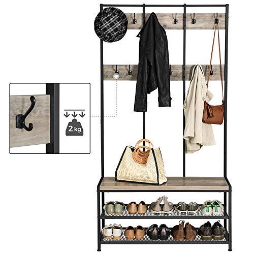 Large Coat Rack Stand, Coat Tree with 12 Hooks and Shoe Bench in Industrial Design, Hall Tree, Multifunctional Hallway Shelf, Office, Bedroom, Greige and Black