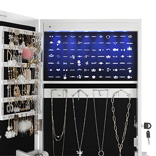 LED Jewelry Cabinet, Full Length Mirrored Jewellery Armoire, Lockable Jewellery Organiser with 2 Drawers, Sturdy and Stylish, Gift Idea, White