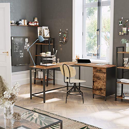 Corner Desk, L-Shaped Computer Desk, Office Desk with Cupboard and Drawer, Study, Space-Saving, Easy Assembly, Steel, Industrial Design, Rustic Brown and Black 