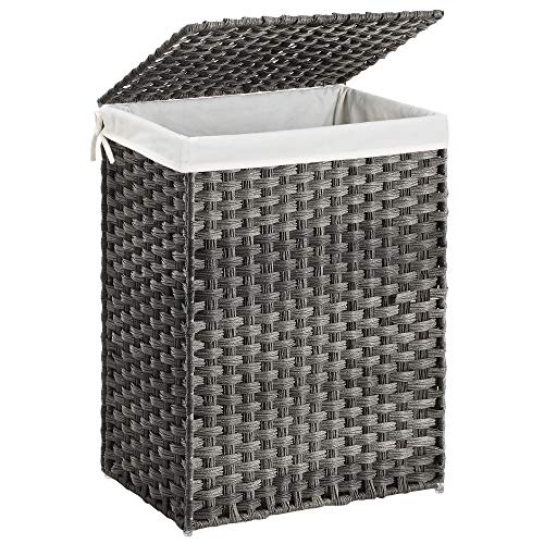 Handwoven Laundry Basket, 90L Synthetic Rattan Clothes Hamper with Lid and Handles, Foldable, Removable Liner Bag, Grey