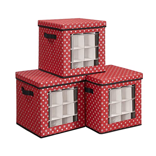 Christmas Bauble Storage Boxes, Set of 3 Storage Cube Bins for Christmas Decorations, 64 Box Places, Modular Dividers, 30.5 x 30.5 x 30.5 cm, Red