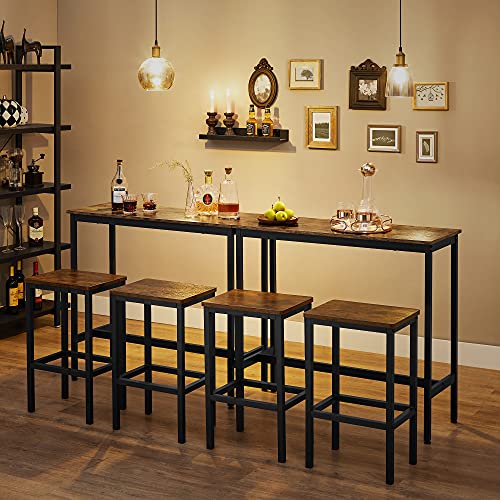 Dining Table Set, Bar Table and Stools Set, Breakfast Bar Table with Bar Stools Set of 2, Industrial Steel Frame, Rustic Brown and Black