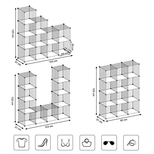 12 Cubes Wire Grid Storage Rack, Interlocking Shelving Unit with Metal Mesh Shelves and PP Plastic Sheets, for Books Shoes Toys Clothes Tools, in Living Room Bathroom, White