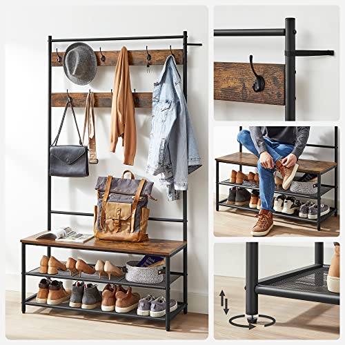 Coat Rack with Shoe Bench, 11 Adjustable Shelves, for Entrance, Hallway, Bedroom, Rustic Brown and Black