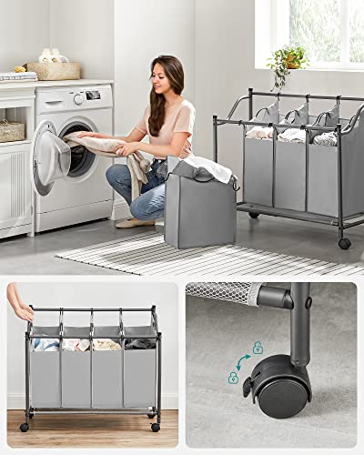 Rolling Laundry Sorter, Laundry Basket with 4 Removable Bags, Laundry Hamper, Laundry Trolley, for Laundry Room, Bedroom, Bathroom, 4 x 35L, Grey