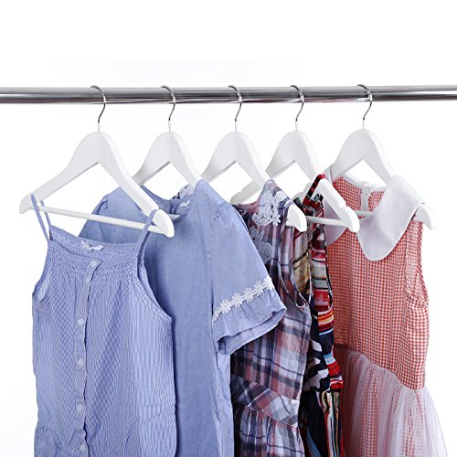 Solid Wood Children’s Hangers, 10-Pack Robust Kid’s Clothes Hangers, with Trousers Bar, Shoulder Notches, 360 Degree Swivel Hooks, 35 x 1.2 x 20 cm, White