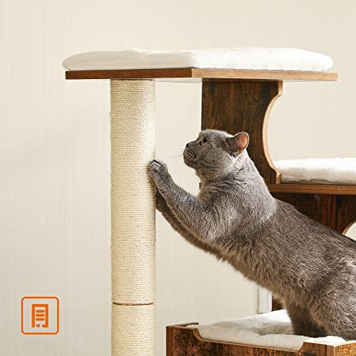 86 cm Cat Tree, Medium Cat Tower with 3 Beds and Cave, Cat Condo Made of MDF with Wood Veneer, Sisal Post and Washable Faux Fur, Vintage, Rustic Brown and White