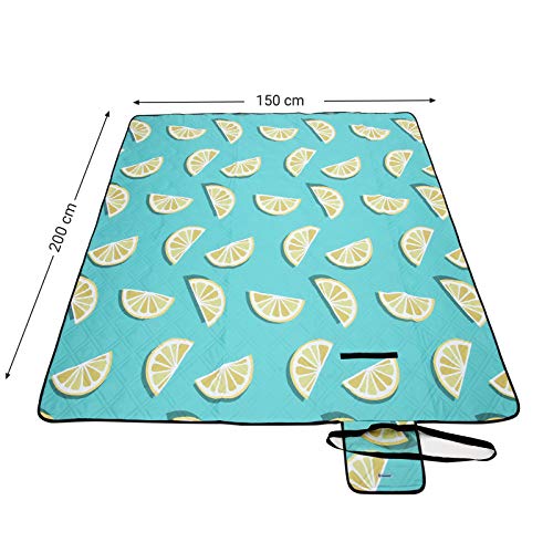 Picnic Blanket, 200 x 150 cm, Large Camping Picnic Rug and Mat for Beach, Park, Yard, Outdoors with Waterproof Layer, Machine Washable, Foldable, Lemon Pattern