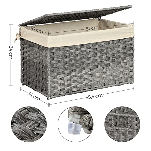 Rattan-Style Storage Box, Indoor Storage Basket, 65L Landry Hamper, Decorative Bin with Lid Liner Handles, Storage Trunk, Grey