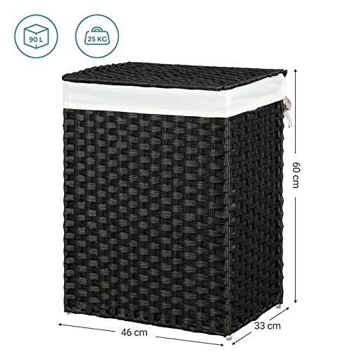 Handwoven Laundry Basket, 90L Synthetic Rattan Clothes Hamper with Lid and Handles, Foldable, Removable Liner Bag, Black