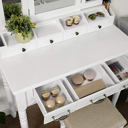 Dressing table with 7 Drawers, Makeup Table with Tri-Fold Necklace Hooked Mirror, 2 Brush Slots and 4 Open Compartments, Solid Wood Legs, Cushioned Stool, White