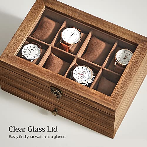 Watch Box with 8 Slots, 2-Tier Wood Watch Case with Large Glass Lid, Watch Pillows, Velvet Lining, Jewellery Box, Gift for Loved Ones, Rustic Walnut