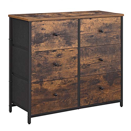 Chest of Drawers, 6 Fabric Drawers with Metal Frame, Storage Organiser Unit with Wooden Front and Top, Industrial Dresser, for Nursery, Bedroom, Hallway, Rustic Brown and Black