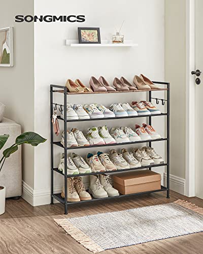 5-Tier Shoe Rack, Metal Shoe Shelf, Oxford Fabric Shelves, for 20-25 Pairs of Shoes, 29 x 89 x 92.5 cm, 4 Hooks, Open Shoe Cabinet for Hallway Bedroom, Rustic Brown and Black