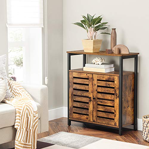 Standing Cabinet, Storage Cabinet, Accent Side Cabinet with Shelf, Cupboard with Louvred Doors, Multifunctional in Living Room, Bedroom, Hallway, Industrial Design, Rustic Brown