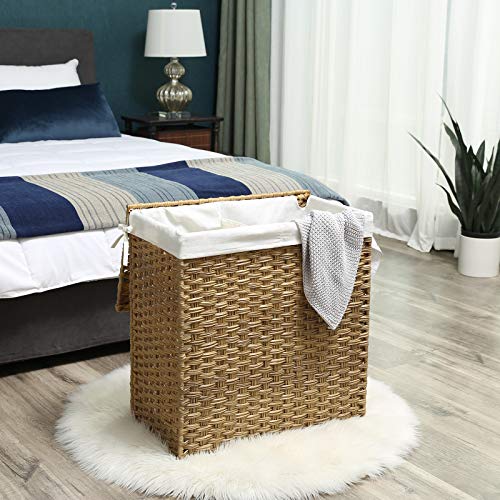 Handwoven Laundry Basket, 110L Synthetic Rattan Divided Clothes Hamper with Lid and Handles, Foldable, Removable Liner Bag, Natural