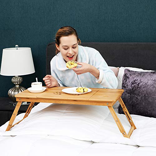 Bamboo Laptop Desk, Foldable Bed Table, for Left-hander, Right-hander, Height Adjustable Sofa Tray, 72 x (21-29) x 35 cm (B x H x T), with 5 Tilting Angles, Air Holes, Small Drawer