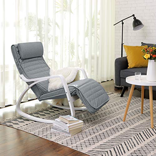 Rocking Chair Birch Wood Relaxing Chair Footrest Adjustable 5 Levels Faux Linen Cover Maximum Load 150 kg Living Room Bedroom Light Grey